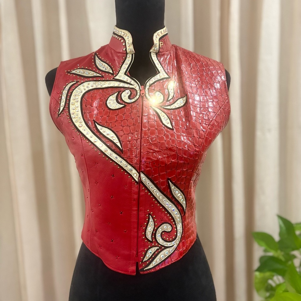 Red Croc-Embossed Vest with Embellishments Vintage